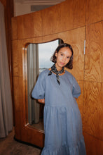 Load image into Gallery viewer, The dreamy Puff Midi Dress adopts to any occasion, depending on the fabric you use. Puff Midi Dress dress has a feminine and relaxed silhouette with wide frills at hem and short puff sleeves with elastic cuffs. The dress has an O-neck and slit opening at back.
