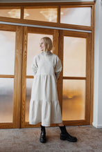 Load image into Gallery viewer, The dreamy Puff Midi Dress adopts to any occasion, depending on the fabric you use. Puff Midi Dress dress has a feminine and relaxed silhouette with wide frills at hem and short puff sleeves with elastic cuffs. The dress has an O-neck and slit opening at back.