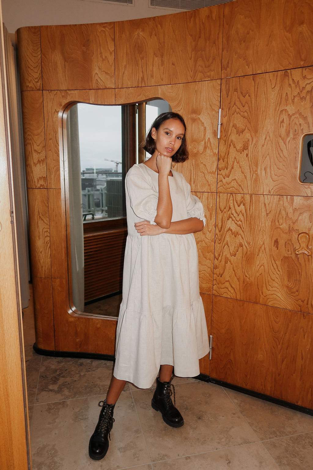 The dreamy Puff Midi Dress adopts to any occasion, depending on the fabric you use. Puff Midi Dress dress has a feminine and relaxed silhouette with wide frills at hem and short puff sleeves with elastic cuffs. The dress has an O-neck and slit opening at back. 